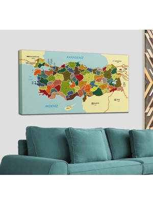 Dünyatablo Türkiye Haritası Kanvas Tablo Il ve Ilçeli Ayrıntılı Eğitici-Öğretici Komşulu Dekoratif Tablo 3000