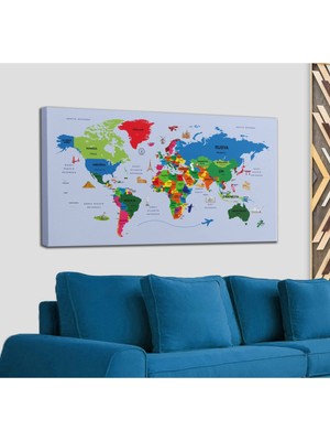 Dünyatablo Türkçe Dünya Haritası Kanvas Tablo  Ülke Başkentli ve Ünlü Yerler Sembollü Dekoratif 2704