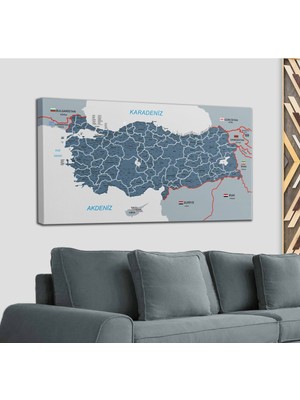 Dünyatablo Türkiye Haritası Kanvas Tablo Il ve Ilçeli Ayrıntılı Eğitici-Öğretici Komşulu Dekoratif Tablo 3009