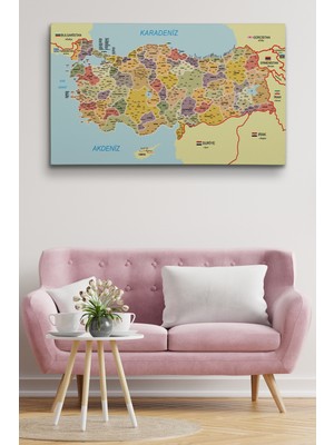 Dünyatablo Türkiye Haritası Kanvas Tablo Il ve Ilçeli Ayrıntılı Eğitici-Öğretici Komşulu Dekoratif Tablo 3014