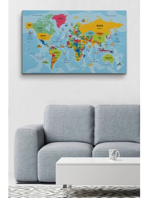 Dünyatablo Türkçe Dünya Haritası Sembollü ve Okyanuslu Dekoratif Kanvas Tablo 2470