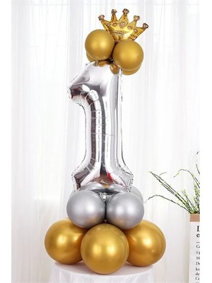 Çıtı Pıtı Store Gümüş Renk 1 Yaş Krom Gold-Gümüş Renkler Altın Taçlı Balon Seti