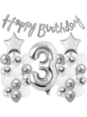 Çıtı Pıtı Store Gümüş Konsept 3 Yaş Doğum Günü Kutlama Seti Beyaz Gümüş Konfetili Balon Rakam Yıldız Folyo ve Banner