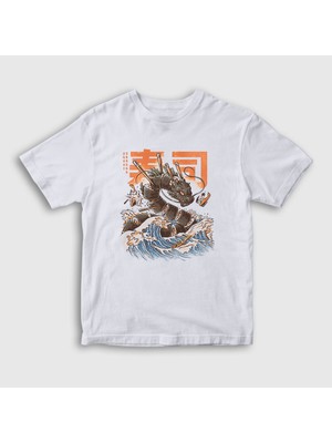 Presmono Unisex Çocuk Beyaz Sushi Dragon Ejderha T-Shirt