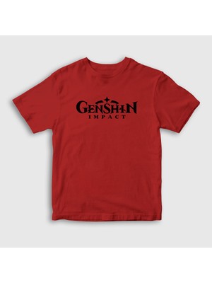 Presmono Unisex Çocuk Kırmızı Logo Oyun Genshin Impact T-Shirt