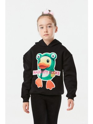 FullaModa Ördek Baskılı Kapüşonlu Unisex Çocuk Sweatshirt