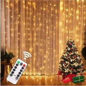 Peri Telli Perde LED Işık Kumandalı 300 Ledli 3 x 3 Metre Usb'li 8 Animasyonlu Günışığı Yıldız