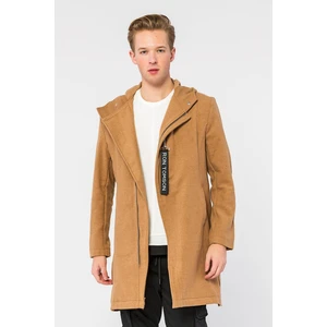 Erkek Camel Regular Fit Kapüşonlu Fermuarlı Cepli Kışlık Astarsız Yünlü Uzun Kaşe Kaban