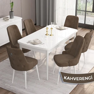 Concept Are Serisi, Mdf 80X132 Açılabilir Beyaz Mutfak Masa Takımı, 6 Sandalye Gümüş Halkalı