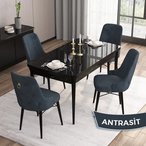 Concept Are Serisi, Mdf 80X132 Açılabilir Siyah Mermer Desen Mutfak Masa Takımı, 4 Sandalye Gold Halkalı