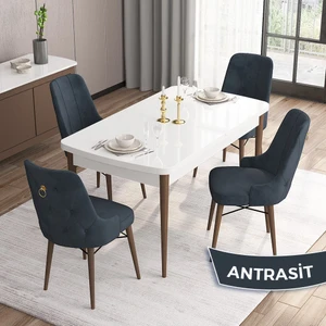 Concept Are Serisi, Beyaz Masa Ceviz Ayak Mdf 80X132 Açılabilir Mutfak Masa Takımı,  4 Sandalye Gold Halkalı