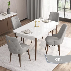 Concept Are Serisi, Beyaz Masa Ceviz Ayak Mdf 80X132 Açılabilir Mutfak Masa Takımı,  4 Sandalye Gold Halkalı