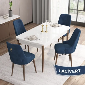 Concept Are Serisi, Beyaz Masa Ceviz Ayak Mdf 80X132 Açılabilir Mutfak Masa Takımı,  4 Sandalye Gold Halkalı