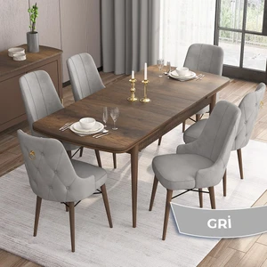 Concept Are Serisi, Mdf 80X132 Açılabilir  Barok Ahşap Desen Mutfak Masa Takımı, 6 Sandalye Gold Halkalı