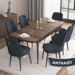 Concept Are Serisi, Mdf 80X132 Açılabilir  Barok Ahşap Desen Mutfak Masa Takımı, 6 Sandalye Gold Halkalı