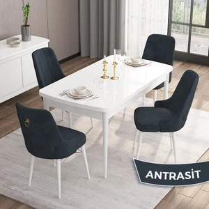 Concept Are Serisi,  Mdf 80X132 Açılabilir  Beyaz  Mutfak Masa Takımı, 4 Sandalye Gold Halkalı