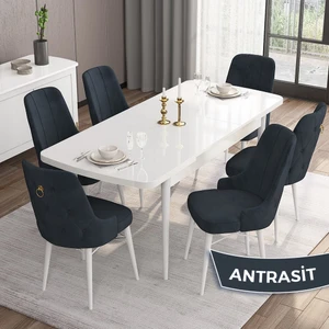 Concept Are Serisi,  Mdf 80X132 Açılabilir Beyaz Mutfak Masa Takımı, 6 Sandalye Gold Halkalı