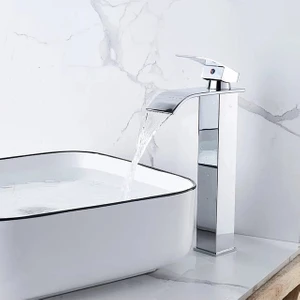 Krom Kare Çanak Lavabo Bataryası Oval Şelale Model Uzun/yüksek Gümüş Gri Lavabo Musluğu Çift Girişli