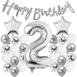 Çıtı Pıtı Store Gümüş Konsept 2 Yaş Doğum Günü Kutlama Seti Beyaz Gümüş Konfetili Balon Rakam Yıldız Folyo ve Banner