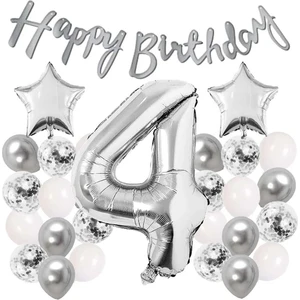 Çıtı Pıtı Store Gümüş Konsept 4 Yaş Doğum Günü Kutlama Seti Beyaz Gümüş Konfetili Balon Rakam Yıldız Folyo ve Banner