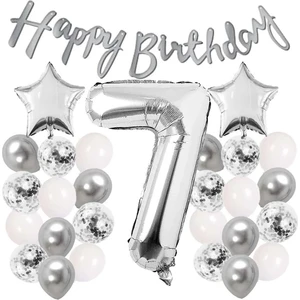 Çıtı Pıtı Store Gümüş Konsept 7 Yaş Doğum Günü Kutlama Seti Beyaz Gümüş Konfetili Balon Rakam Yıldız Folyo ve Banner