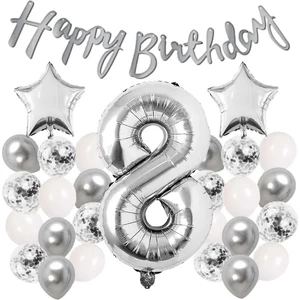 Çıtı Pıtı Store Gümüş Konsept 8 Yaş Doğum Günü Kutlama Seti Beyaz Gümüş Konfetili Balon Rakam Yıldız Folyo ve Banner