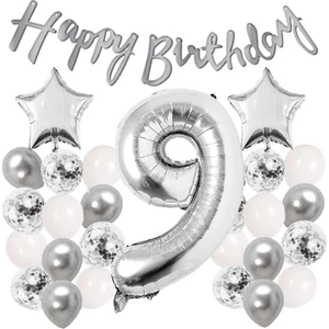 Çıtı Pıtı Store Gümüş Konsept 9 Yaş Doğum Günü Kutlama Seti Beyaz Gümüş Konfetili Balon Rakam Yıldız Folyo ve Banner