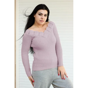 Azıcık Akıllı Kadın Taş Gri Ön Arka V Yaka Fitilli Tiko Kazak 20KKZKVALK