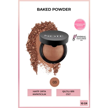Note Cosmetics NOTE Baked Powder 03 Caramel Cake Işıltılı Bitişli Fırınlanmış Toz Pudra 10 gr Hafif