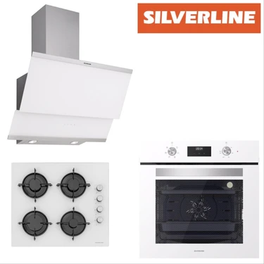 Silverline Beyaz Cam Ankastre Set BO6502W02 - CS5349W01 4 Ocaklı Gazlı Yüksek Performanslı D Enerji