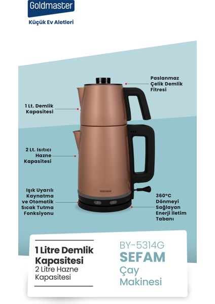 Sefam 2200W Damlatmaz 25 Bardak Kapasiteli Çelik Çay Makinesi ve Su Isıtıcısı BY-5314G