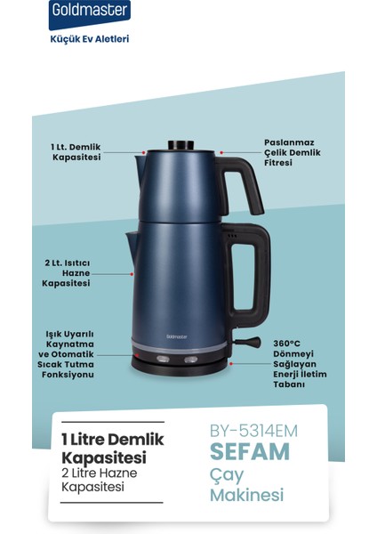 Sefam 2200W Damlatmaz 25 Bardak Kapasiteli Çelik Çay Makinesi ve Su Isıtıcısı BY-5314EM