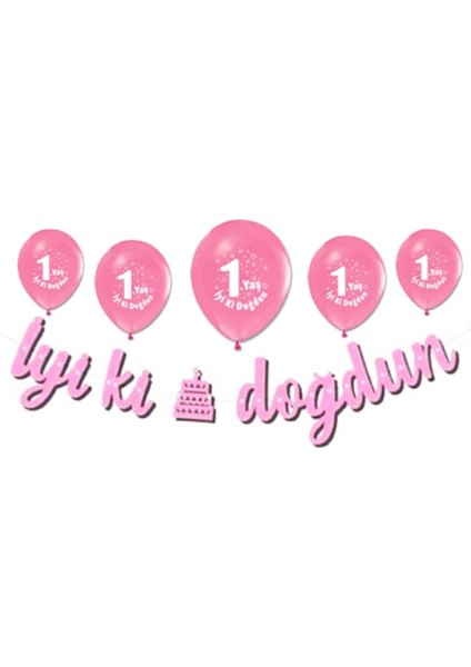 Iyi Ki Doğdun 1 Yaş Pembe Balonlu Set