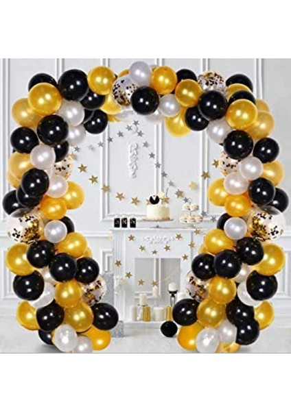 50 Adet Metalik Gold Gümüş Siyah Helyuma Uygun Balon ve 5 Metre Balon Zinciri