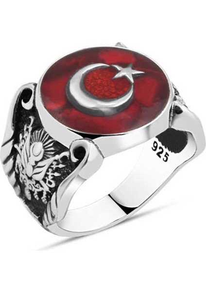 Mineli Türk Bayraklı Gümüş Erkek Yüzük
