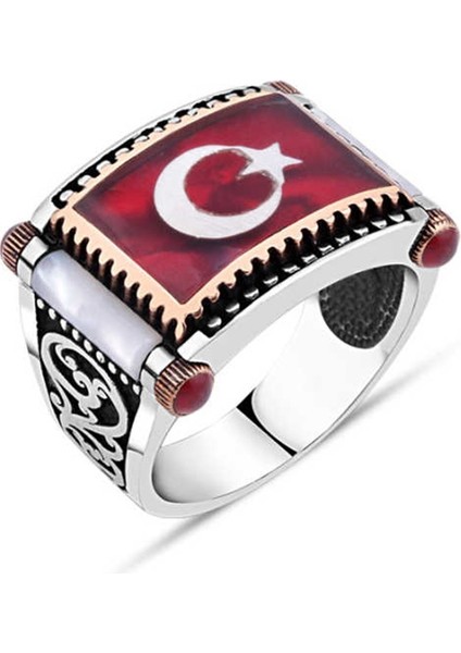 Kırmızı Mine Üzeri Ay-Yıldız Yanları Sedef Gümüş Erkek Yüzük