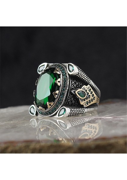 Yeşil Topaz Taşlı 925 Ayar Gümüş Erkek Yüzük