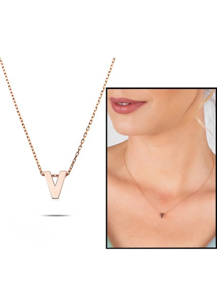 3D Tasarım Rose Renk 925 Ayar Gümüş V Harf Kolye