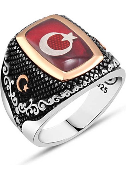 Mineli Türk Bayraklı Gümüş Erkek Yüzük