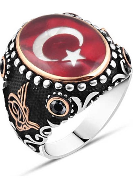 Mineli Türk Bayraklı Gümüş Erkek Yüzük