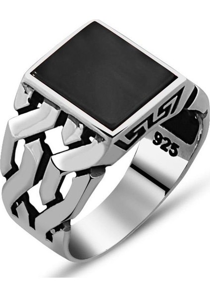 Zincir Tasarım Siyah Oniks Taşlı 925 Ayar Gümüş Erkek Yüzük fiyatları