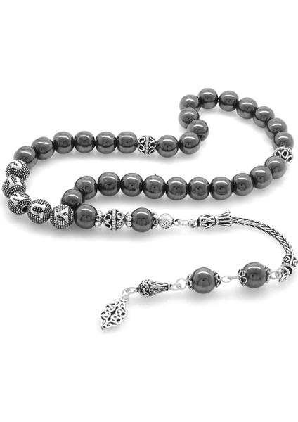 925 Ayar Gümüş Püsküllü Küre Kesim Gümüş Isim Yazılı Hematit Doğaltaş Tesbih