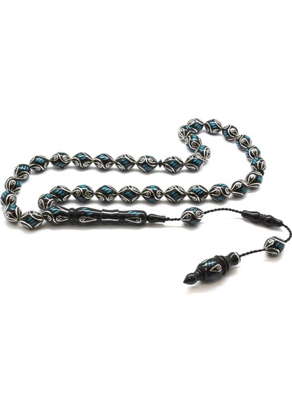 Kumpas Işçilikli Gümüş-Firuze Işlemeli Arpa Kesim Erzurum Oltu Taşı Tesbih (M-2)