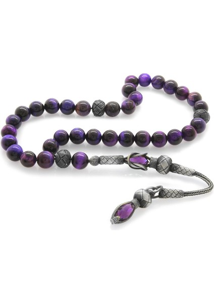 1000 Ayar Gümüş Kazaz Püsküllü Küre Kesim Mor Kaplangözü Doğaltaş Tesbih