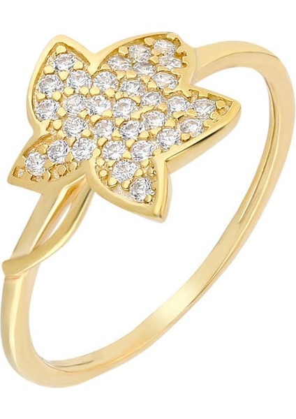 Zirkon Taşlı Kır Çiçeği Tasarım Gold Renk 925 Ayar Gümüş Bayan Yüzük