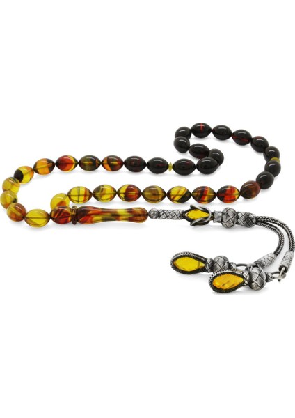 1000 Ayar Gümüş Kazaz Püsküllü Arpa Kesim Süzme Bala-Siyah Ateş Kehribar Tesbih