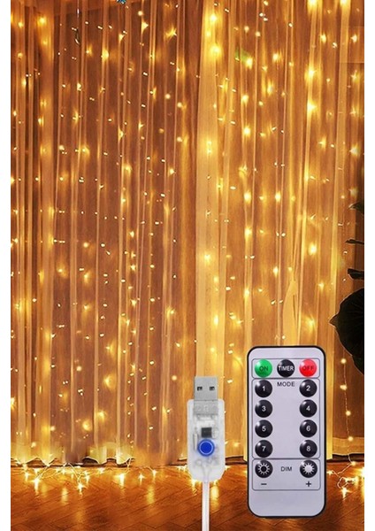 Peri Telli Perde LED Işık Kumandalı 300 Ledli 3 x 3 Metre Usb'li 8 Animasyonlu Günışığı Yıldız