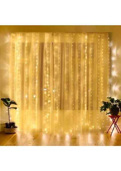 Peri Telli Perde LED Işık Kumandalı 300 Ledli 3 x 3 Metre Usb'li 8 Animasyonlu Günışığı Yıldız