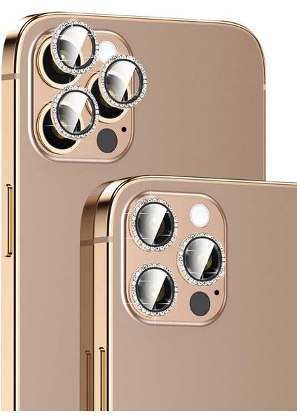 Nezih Case Apple iPhone 14 Pro Max Uyumlu Swarovski Taşlı Lens Koruyucu Gold