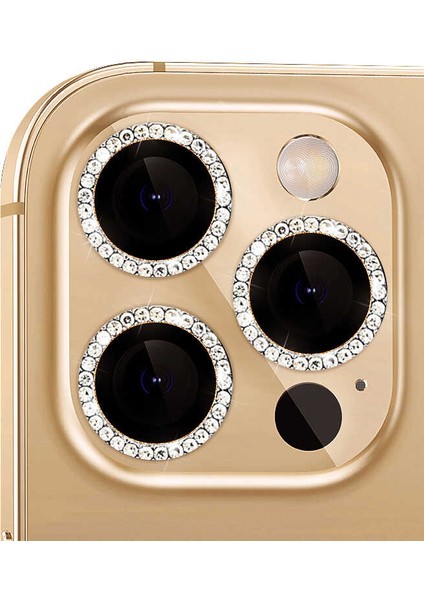 Nezih Case Apple iPhone 14 Pro Max Uyumlu Swarovski Taşlı Lens Koruyucu Gold